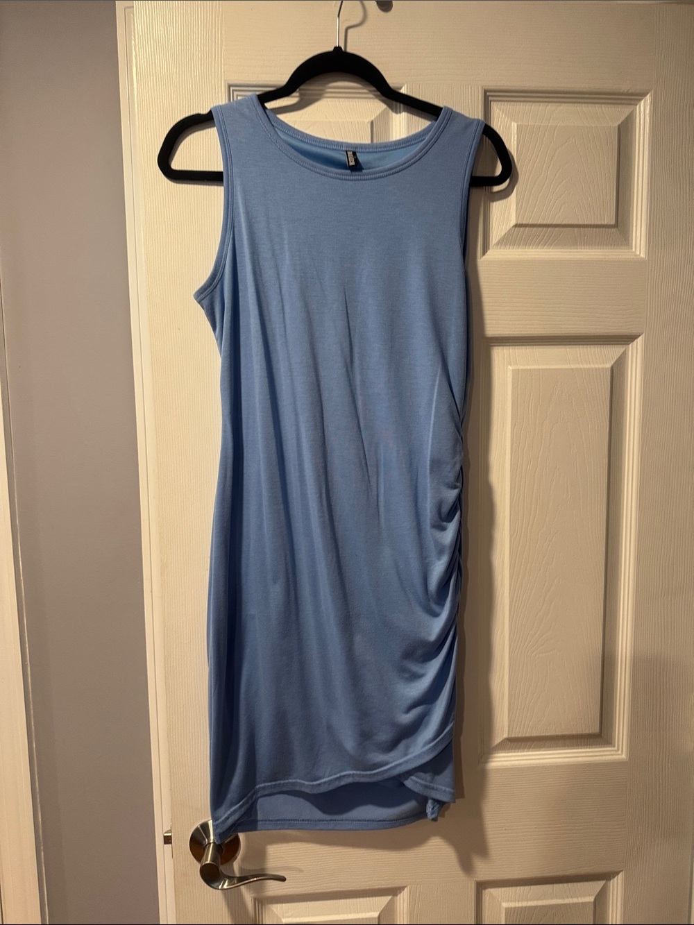 Sleeveless Light Blue Ruched-Side Midi Dress